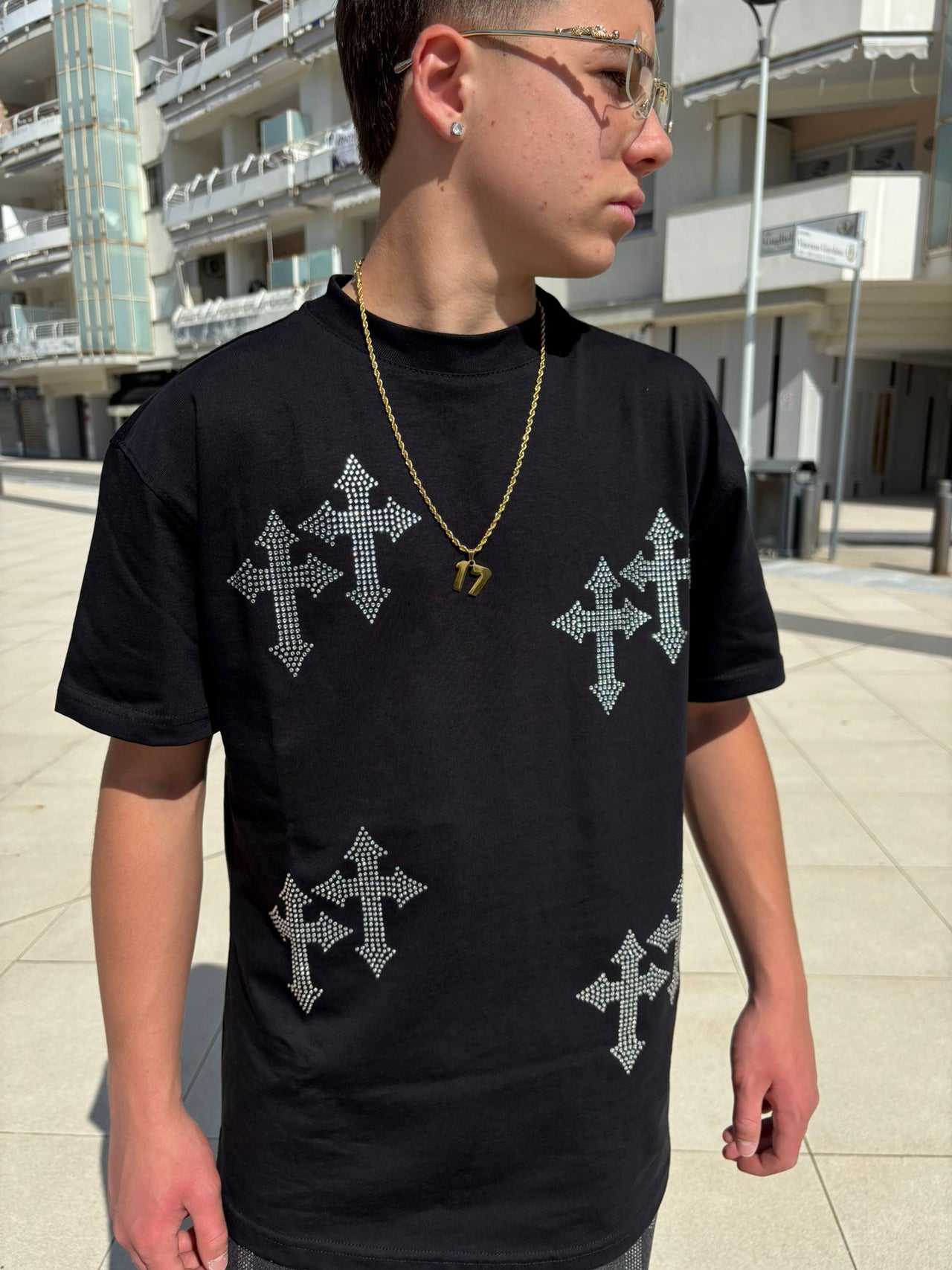 T-shirt Junior Con croce brillantinate